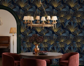 May include: A dining room featuring a round wooden table and four burgundy velvet chairs. The room has a dark blue wallpaper with a gold art deco fan pattern. A gold chandelier hangs above the table.