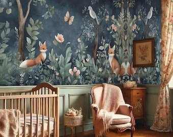Woodland Fox Nursery Wallpaper | Forest Animals Kids Room | Botanical Storybook Nature Design
