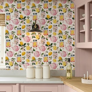 Carta da parati acquerello con motivo a tè al limone / Motivo a teiera rosa / Murale da cucina in stile cottagecore