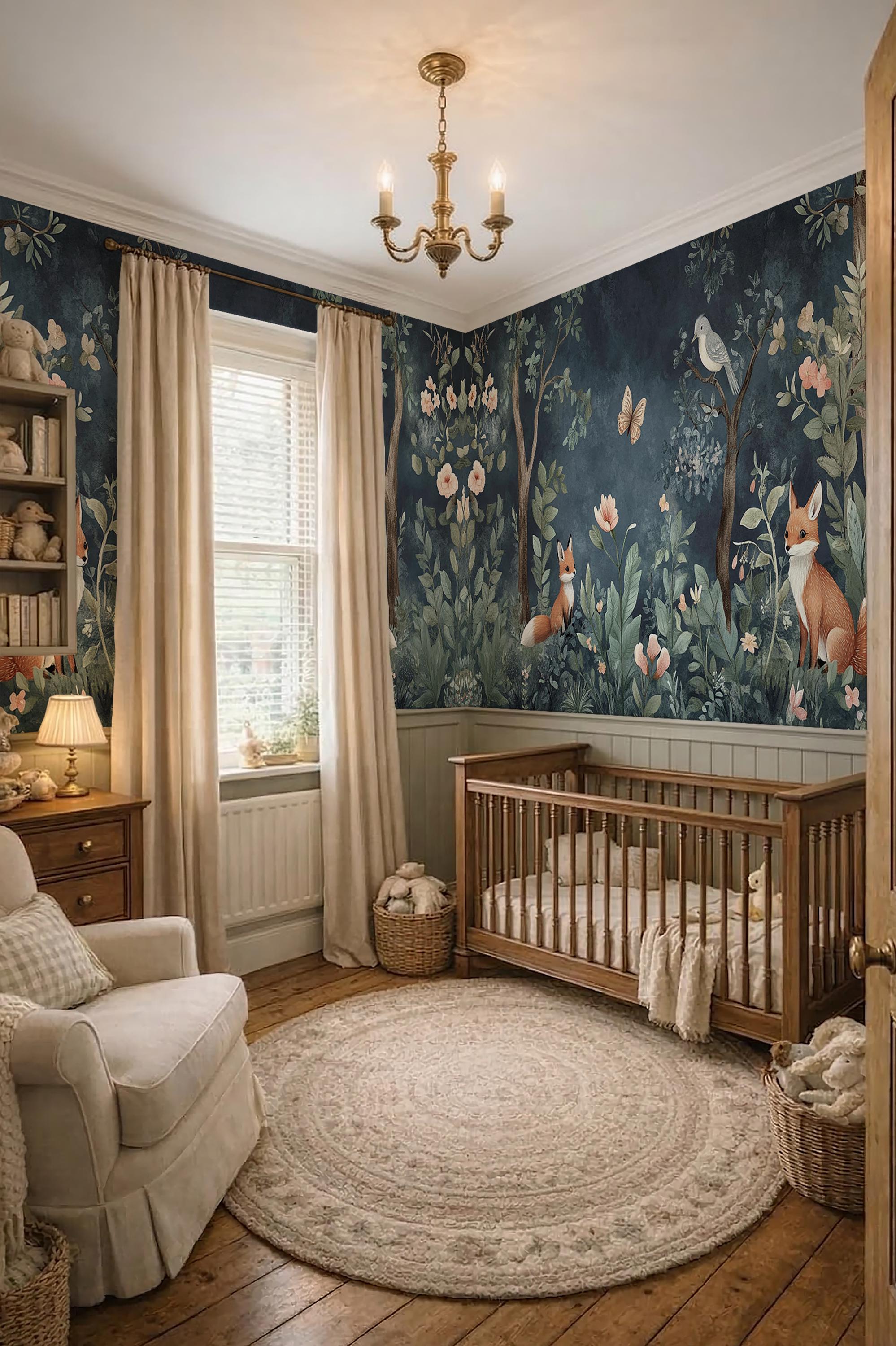 Woodland Fox Nursery Wallpaper | Forest Animals Kids Room | Botanical ...