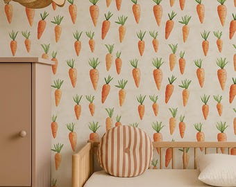 Watercolor Carrot Wallpaper for Kids Nursery | Vegetable Pattern | Peel and Stick Removable Wall Mural