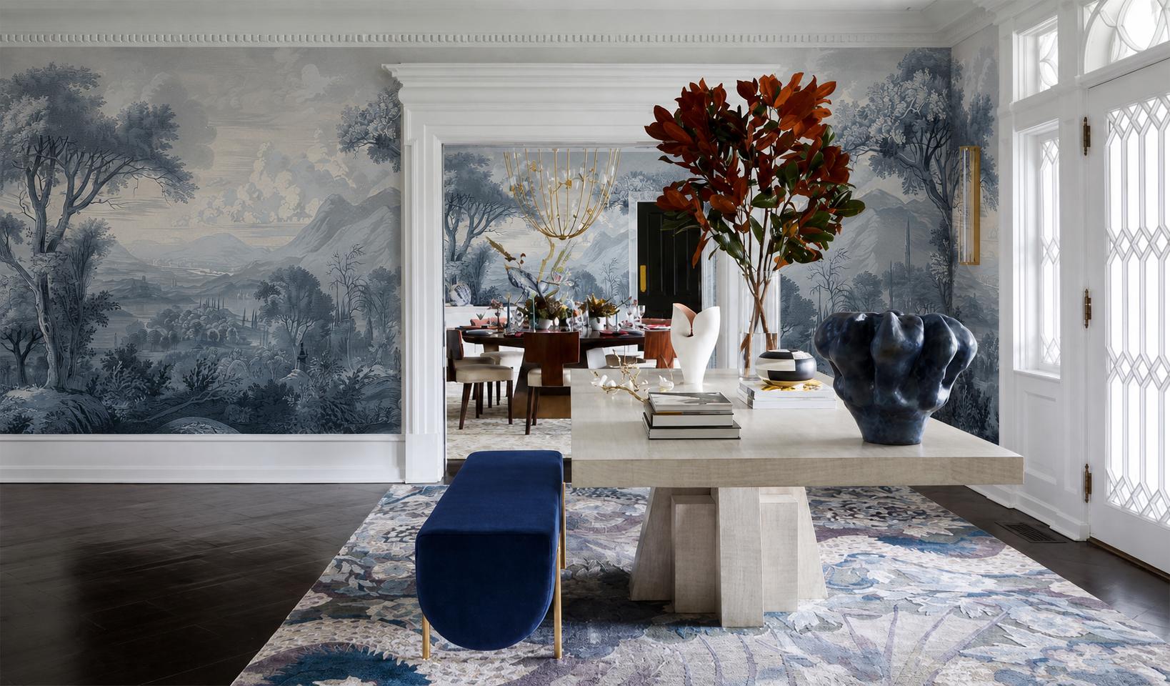 Blue Toile Wallpaper Mural, Vintage Landscape Wall Art, French Country ...