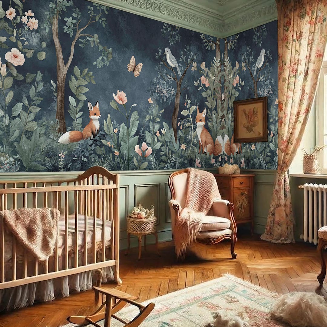 Woodland Fox Nursery Wallpaper | Forest Animals Kids Room | Botanical ...