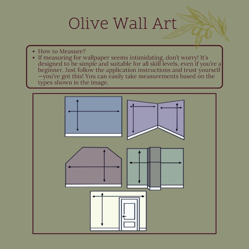 May include: An olive-green graphic with the text "Olive Wall Art" and instructions on how to measure for wallpaper. The image includes diagrams of different wall shapes with measurement arrows, designed to be simple for all skill levels.