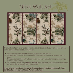May include: Olive Wall Art with a botanical design, showing leaves, flowers, and small bottles. The artwork is divided into panels with a 2 cm overlap for seamless installation. The text at the top reads "Olive Wall Art".