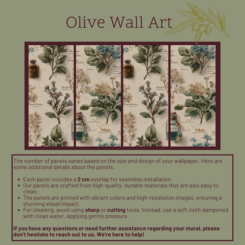 May include: Olive Wall Art with a botanical design, showing leaves, flowers, and small bottles. The artwork is divided into panels with a 2 cm overlap for seamless installation. The text at the top reads "Olive Wall Art".
