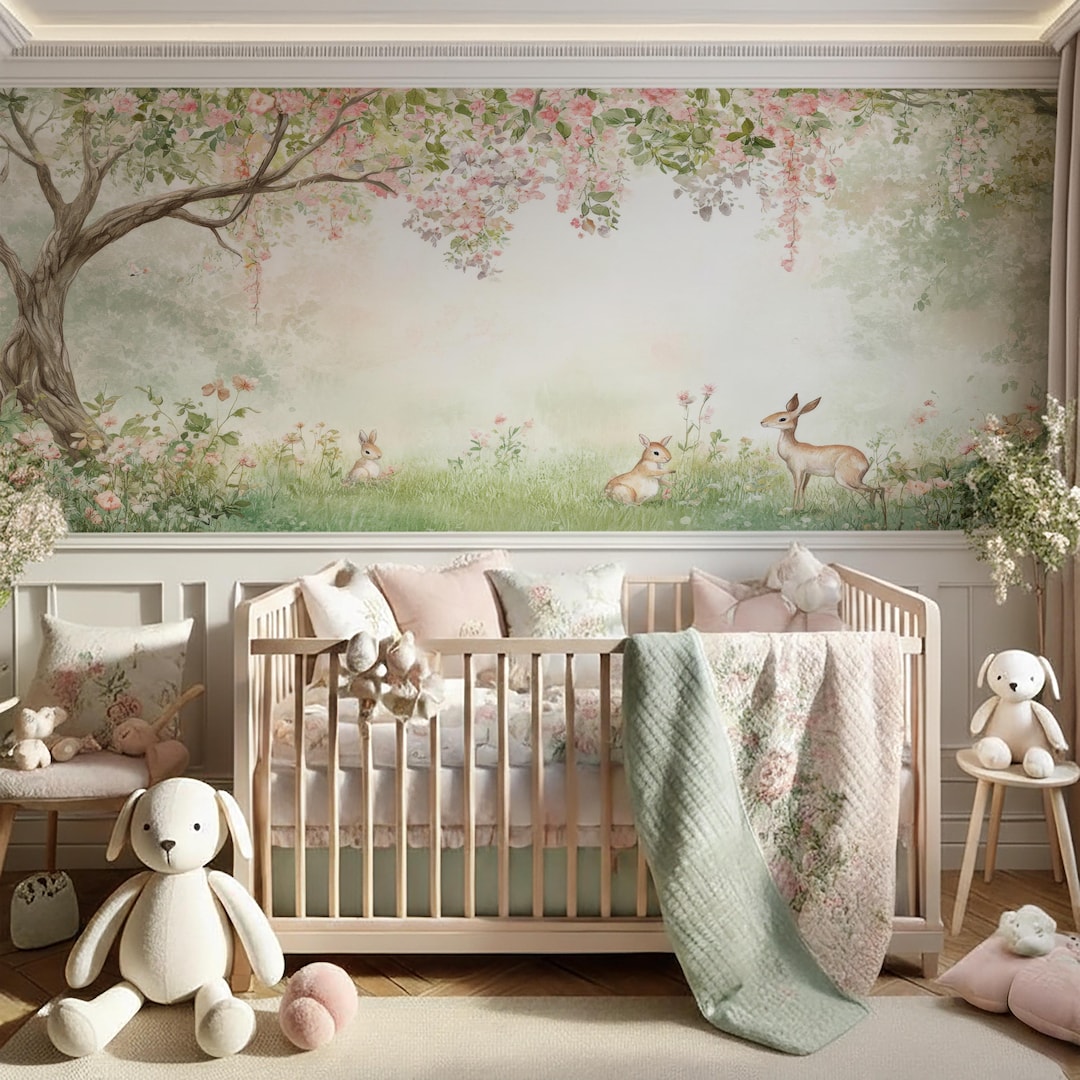 Whimsical Woodland Nursery Wallpaper | Watercolor Deer & Bunnies | Soft ...