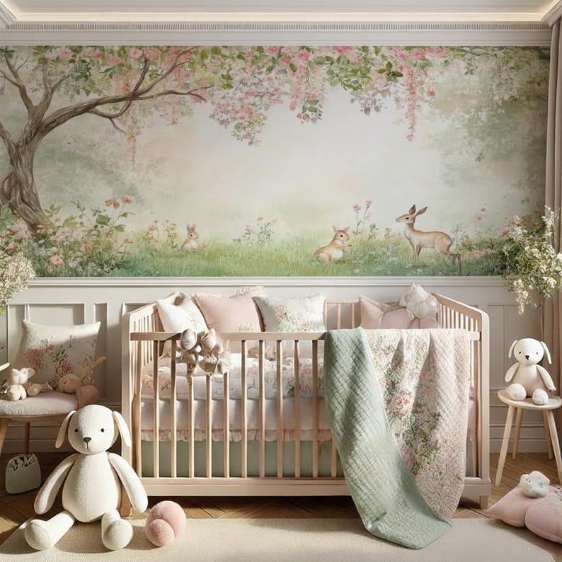 May include: A nursery scene featuring a light wood cot with floral bedding and pillows. The wall has a mural of a forest scene with deer and rabbits. Soft toys and a small chair complete the room's decor.