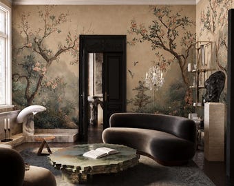 Chinoiserie-landschapsbehang, mistige Aziatische bergen, bloemen boom muurschildering muurkunst