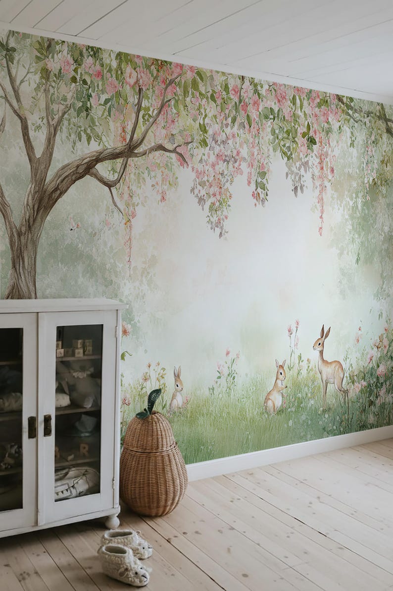 May include: A mural depicting a forest scene with a large tree, pink flowers, and rabbits. A white cabinet and a woven basket are in the foreground. The room has light wood flooring.