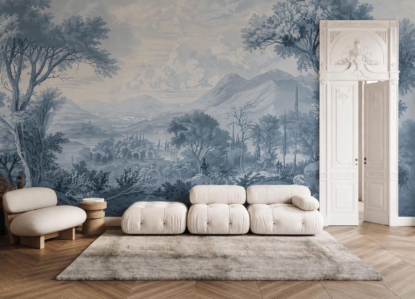 Blue Toile Wallpaper Mural, Vintage Landscape Wall Art, French Country ...