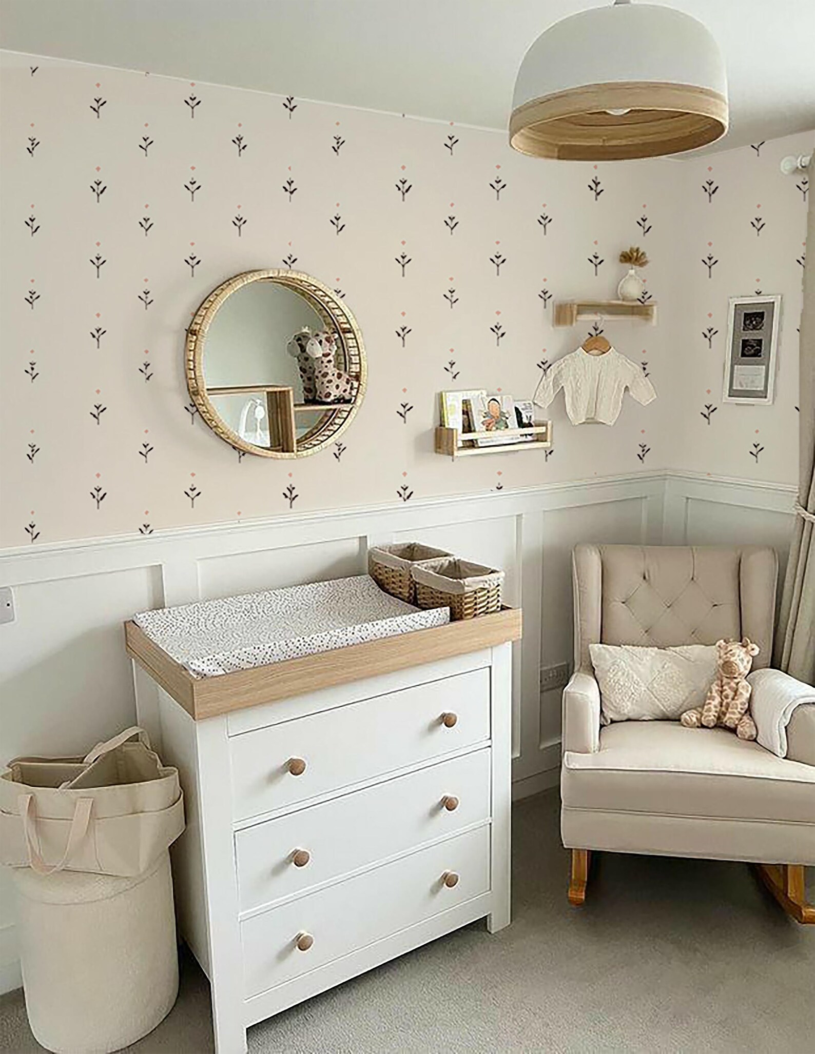 Minimal Floral Wallpaper, Small Leaf Pattern, Neutral Nursery Wall ...
