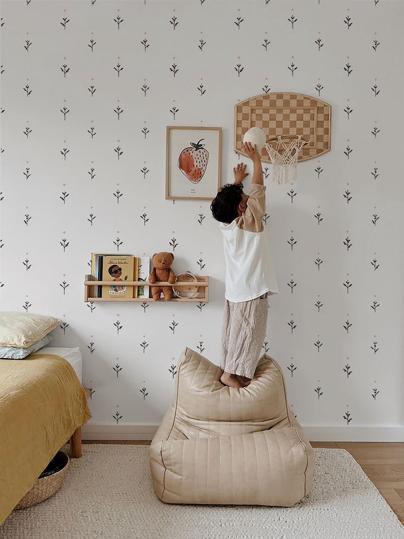 Minimal Floral Wallpaper, Small Leaf Pattern, Neutral Nursery Wall ...