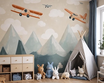 子供向けヴィンテージ飛行機壁紙、冒険好きの子供部屋の壁画