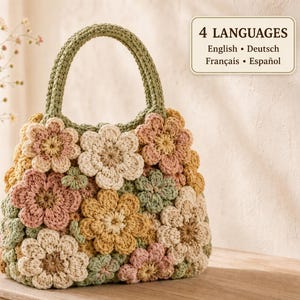 Crochet Flower Bag Pattern PDF, Layered Floral Purse, Intermediate Terms, English German French Spanish