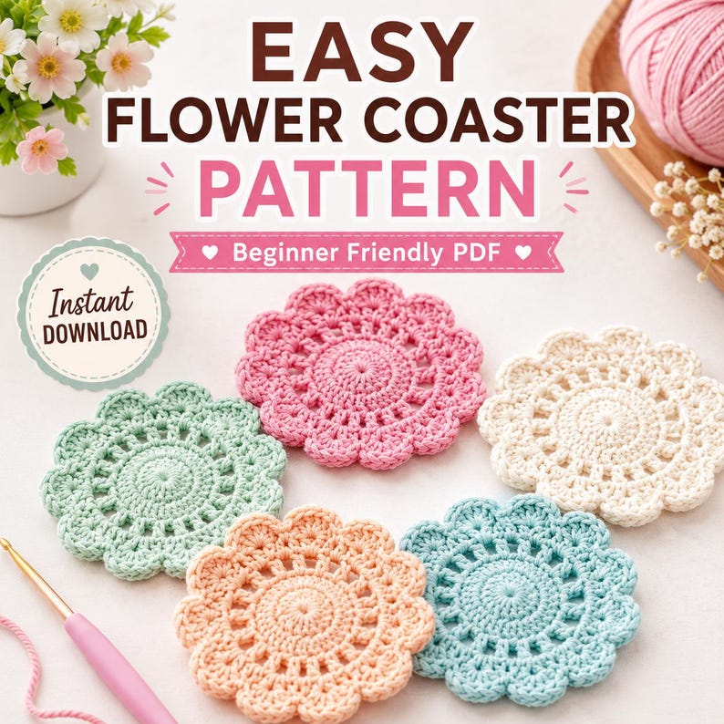 Flower Crochet Coaster Pattern PDF, Easy Beginner Guide, Floral Drink ...