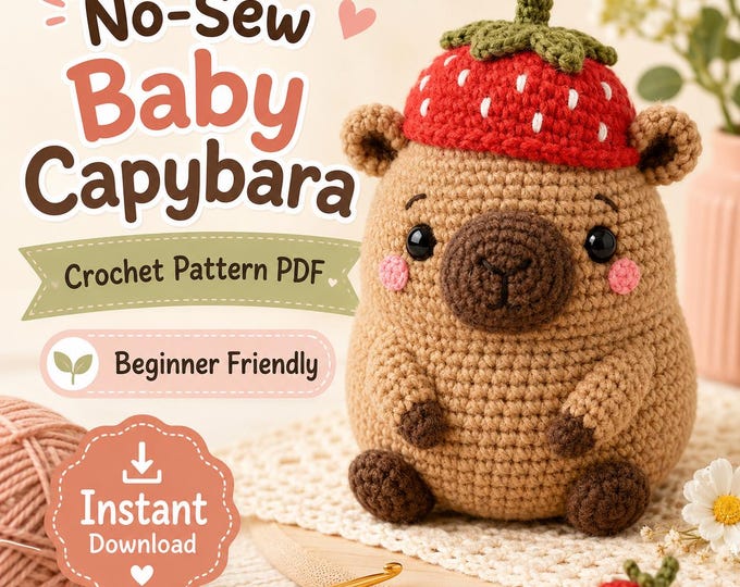 Featured listing image: No Sew Capybara Crochet Pattern PDF, Strawberry Hat Amigurumi Plush Tutorial, Beginner Friendly Animal