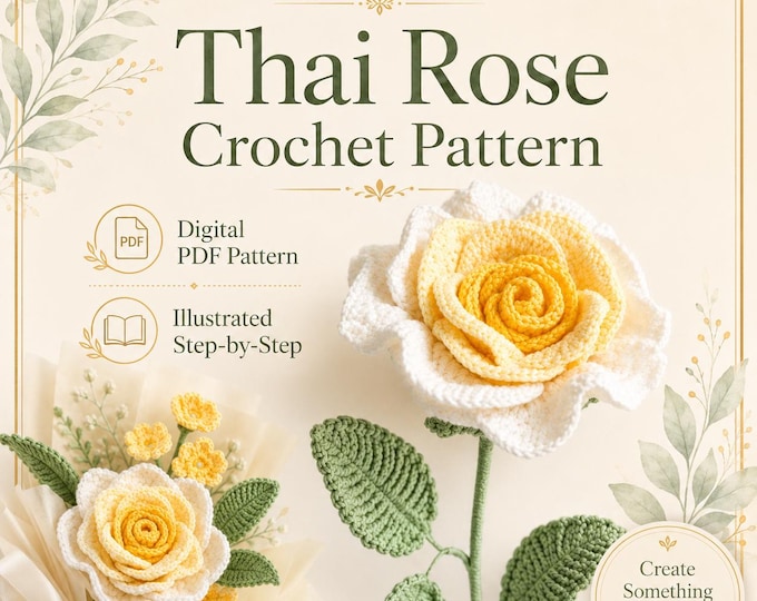 Featured listing image: Realistic Thai Rose Crochet Pattern, Illustrated Step-by-Step Tutorial (PDF Download)