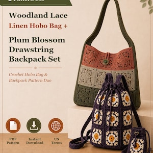 Könnte beinhalten: Ein Häkelmuster-Set bestehend aus einer Woodland Lace Leinen-Hobo-Tasche und einem Plum Blossom Rucksack mit Kordelzug. Die Hobo-Tasche besteht aus olivgrünen, rostfarbenen und beigen Quadraten. Der Rucksack und das kleine Täschchen sind dunkelviolett mit gelben und weißen Blumenmotiven.