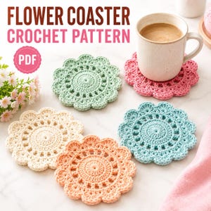 Patrón PDF para posavasos de flores a crochet, tutorial floral fácil para principiantes, posavasos festoneado de 10 cm.