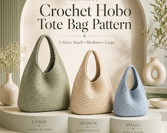 Puede incluir: Tres bolsos tipo hobo de ganchillo en verde salvia, beige y azul claro. El texto dice Atiya Artistry Crochet Hobo Tote Bag Pattern, 3 Sizes: Small, Medium, Large, Large spacious & roomy, Medium perfect everyday, Small light & handy, Modern, Handmade, Timeless.