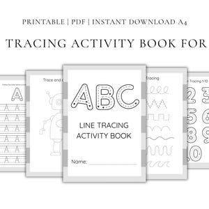 May include: A collection of printable line tracing activity books for kids. The covers display the text "LINE TRACING ACTIVITY BOOK FOR KIDS" and feature tracing exercises for letters, shapes, and numbers. The pages are white with black line drawings.