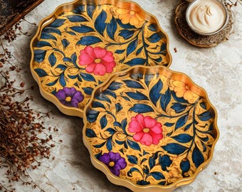 2 pcs Decorative Serving Tray with Gold Flower Pattern: Elegant Home Decor