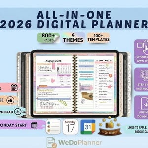 May include: Digital planner for 2026 with the text "ALL-IN-ONE 2026 DIGITAL PLANNER". The planner includes 800+ pages, 4 themes, and 100+ templates. Features include calendar integrations, easy use, and instant download.