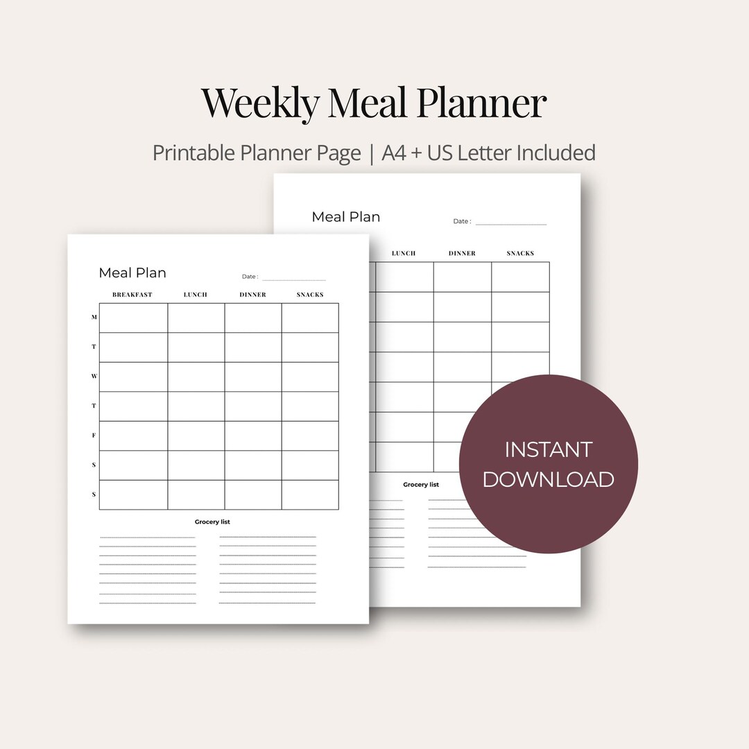 Minimalist Weekly Meal Planner Printable With Grocery List (A4 PDF) - Etsy