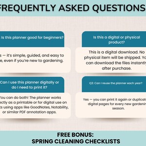 May include: Image of a teal and white graphic with the title "FREQUENTLY ASKED QUESTIONS". The image contains four question and answer sections about a digital planner, including whether it's good for beginners and if it can be reused.