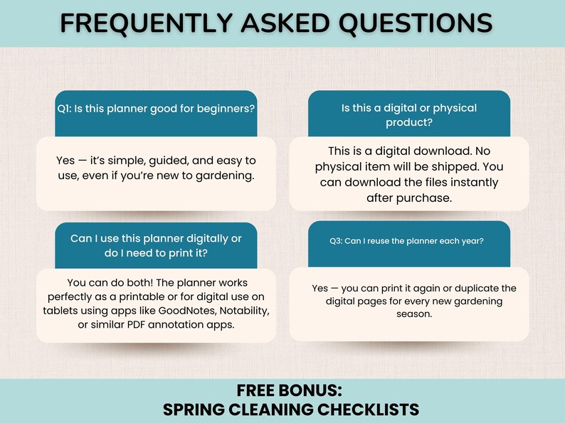 May include: Image of a teal and white graphic with the title "FREQUENTLY ASKED QUESTIONS". The image contains four question and answer sections about a digital planner, including whether it's good for beginners and if it can be reused.