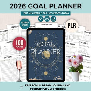 2026年目標プランナーCanvaテンプレートPLR、100ページの年間・月間・週間生産性プランナーバンドル、PLR付き印刷可能編集可能プランナー
