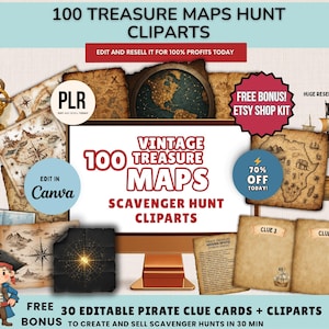 100 Vintage Treasure Map Clipart Pack with PLR Use Rights, Editable Canva Templates for Treasure Map Printables PNG PLR License
