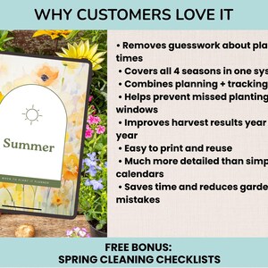 May include: A digital tablet displays a gardening planner with the word "Summer" and a sun graphic. The image is surrounded by colorful flowers and text that reads "Why Customers Love It" and lists features like planning and tracking.