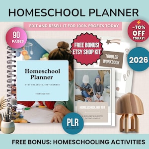 Homeschool Planner 90 Pages PLR Bundle, Beginner’s Guide Ebook, Alphabet Workbook, Toddler Learning Workbook, Editable Canva Templates