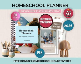 Planificador de educación en casa (90 páginas, paquete PLR), guía para principiantes (ebook), cuaderno de ejercicios del alfabeto, cuaderno de aprendizaje para niños pequeños, plantillas editables de Canva