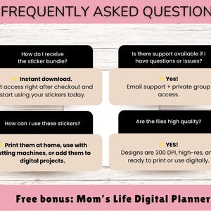 May include: A digital product image with the text "FREQUENTLY ASKED QUESTIONS". The image includes answers to questions about sticker bundles, such as how to receive them, how to use them, and support availability. The image also includes a "-70% OFF TODAY!" banner.