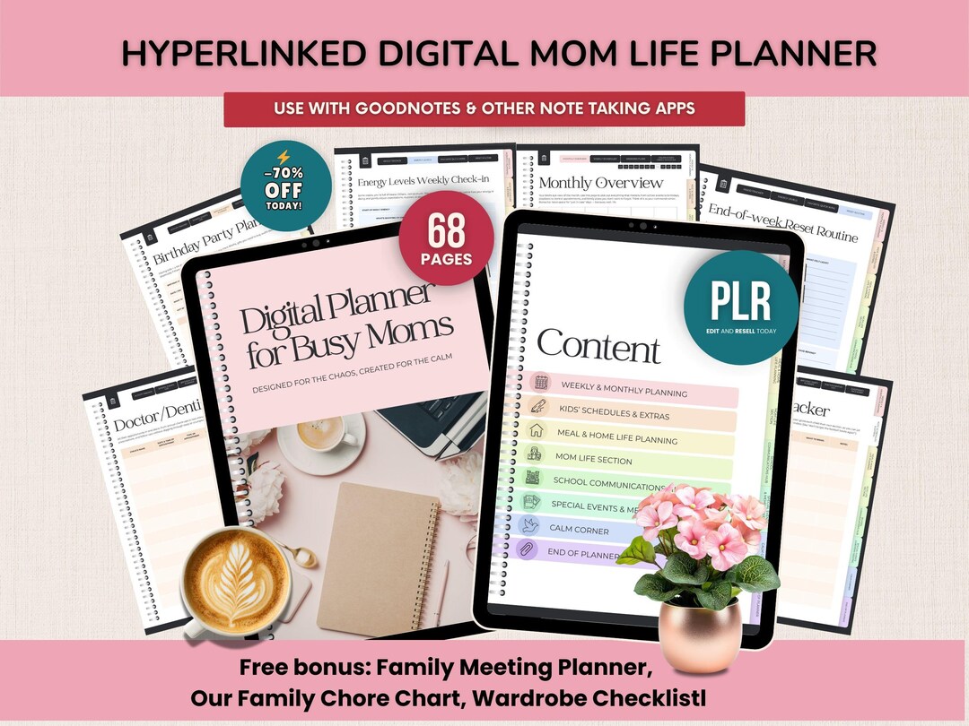 Busy Mom Life Digital Planner PLR, Hyperlinked Aesthetic Mom Planner ...