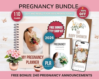Pregnancy Planner Bundle PLR, Checklists, Baby Shower Games, Pregnancy Baby Announcements,  Editable Digital Canva Templates Resell Rights