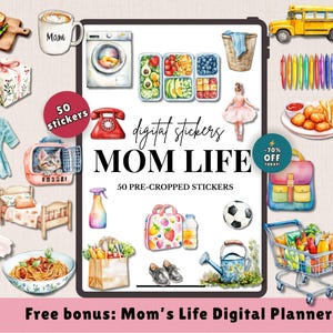 Busy Mom Watercolor Stickers, Mom Life Aesthetic Planner Stickers, Daily Routine Stickers for GoodNotes iPad, Mom Life PNG, Digital Planner image 1