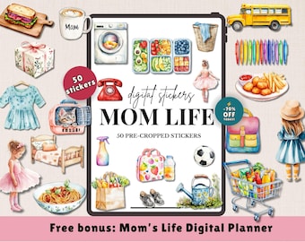 Busy Mom Watercolor Stickers, Mom Life Aesthetic Planner Stickers, Daily Routine Stickers for GoodNotes iPad, Mom Life PNG, Digital Planner
