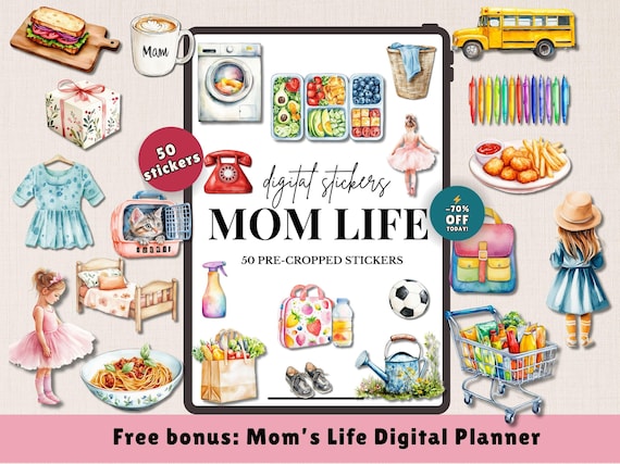 Busy Mom Watercolor Stickers, Mom Life Aesthetic Planner Stickers, Daily Routine Stickers for GoodNotes iPad, Mom Life PNG, Digital Planner