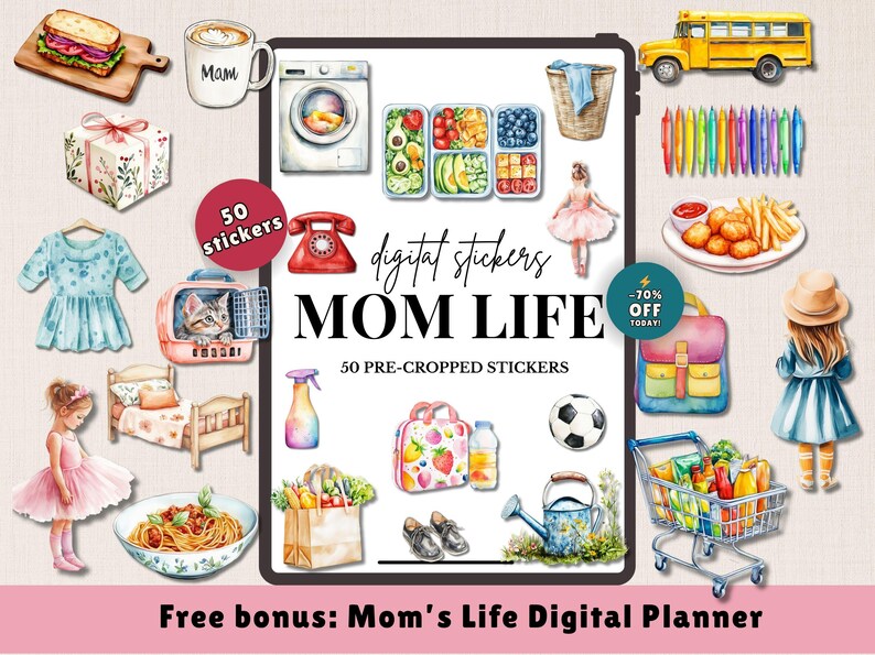 Busy Mom Watercolor Stickers, Mom Life Aesthetic Planner Stickers, Daily Routine Stickers for GoodNotes iPad, Mom Life PNG, Digital Planner image 1