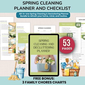May include: A spring cleaning planner and checklist bundle with a variety of pages, including bedroom, outdoor, and garage checklists. The digital planner includes a 53-page spring cleaning and decluttering planner, plus 3 family chore charts.
