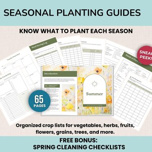 May include: Seasonal planting guides with the text "Know What to Plant Each Season." The guides include organized crop lists for vegetables, herbs, fruits, flowers, grains, and trees. The guides have 65 pages and include a free bonus of spring cleaning checklists.
