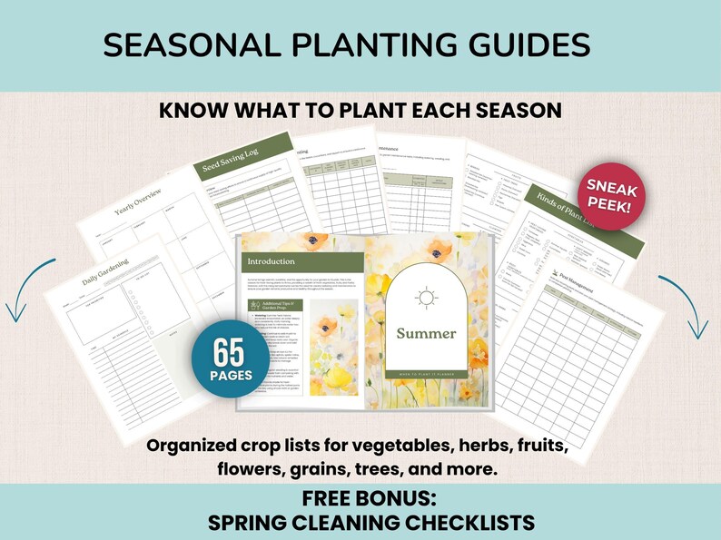 May include: Seasonal planting guides with the text "Know What to Plant Each Season." The guides include organized crop lists for vegetables, herbs, fruits, flowers, grains, and trees. The guides have 65 pages and include a free bonus of spring cleaning checklists.