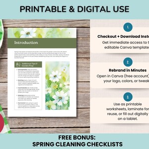 May include: A printable and digital gardening guide with the title "Introduction" and watercolor floral illustrations. The guide includes tips for garden prep and offers a free bonus of spring cleaning checklists. The guide is customizable with Canva.