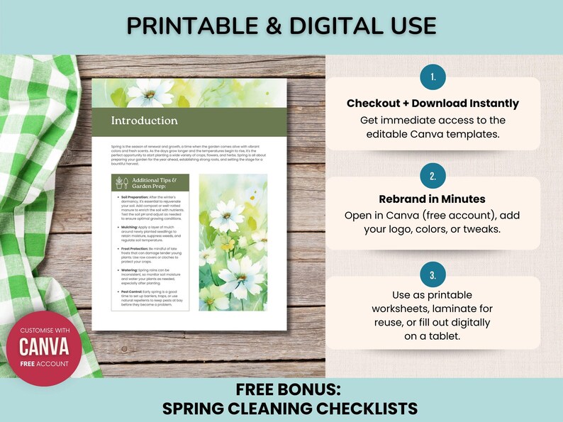 May include: A printable and digital gardening guide with the title "Introduction" and watercolor floral illustrations. The guide includes tips for garden prep and offers a free bonus of spring cleaning checklists. The guide is customizable with Canva.