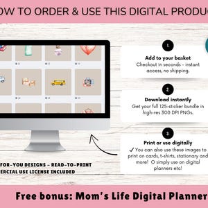 May include: A computer monitor displays a digital product with various watercolor illustrations. Instructions detail how to add to the basket, download, and print the images. The text includes "Done-For-You Designs" and "Commercial Use License Included."