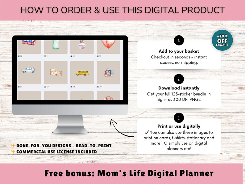 May include: A computer monitor displays a digital product with various watercolor illustrations. Instructions detail how to add to the basket, download, and print the images. The text includes "Done-For-You Designs" and "Commercial Use License Included."